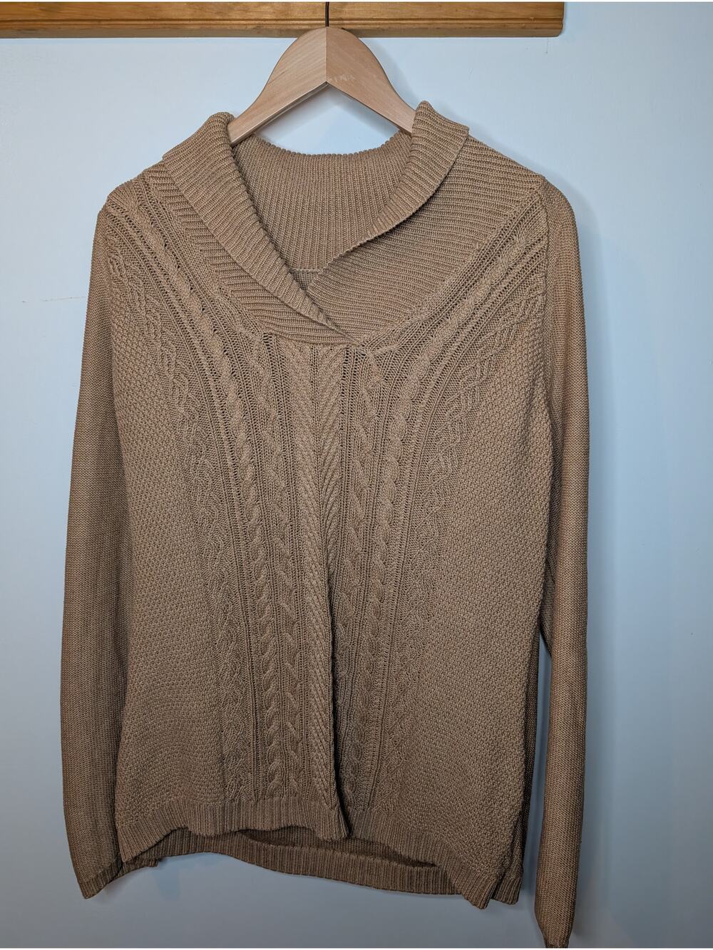 Coldwater Creek Women L Camel Cable Knit Sweater Old Money Preppy Sophisticated